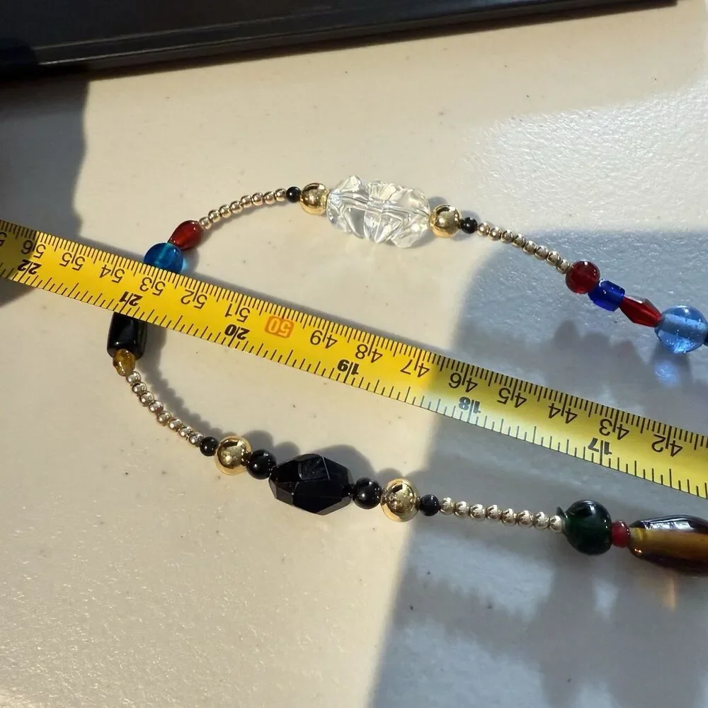 Vintage Multicolor Glass Bead Necklace Boho Long Gold Tone Eclectic Jewelry 21”